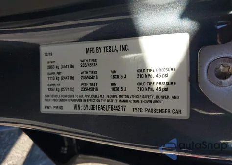 2020 Tesla Model 3 Standard Range Plus Rear-Wheel Drive/Standard Range Rear-Wheel Drive from USA, damaged, VIN 5YJ3E1EA5LF644217